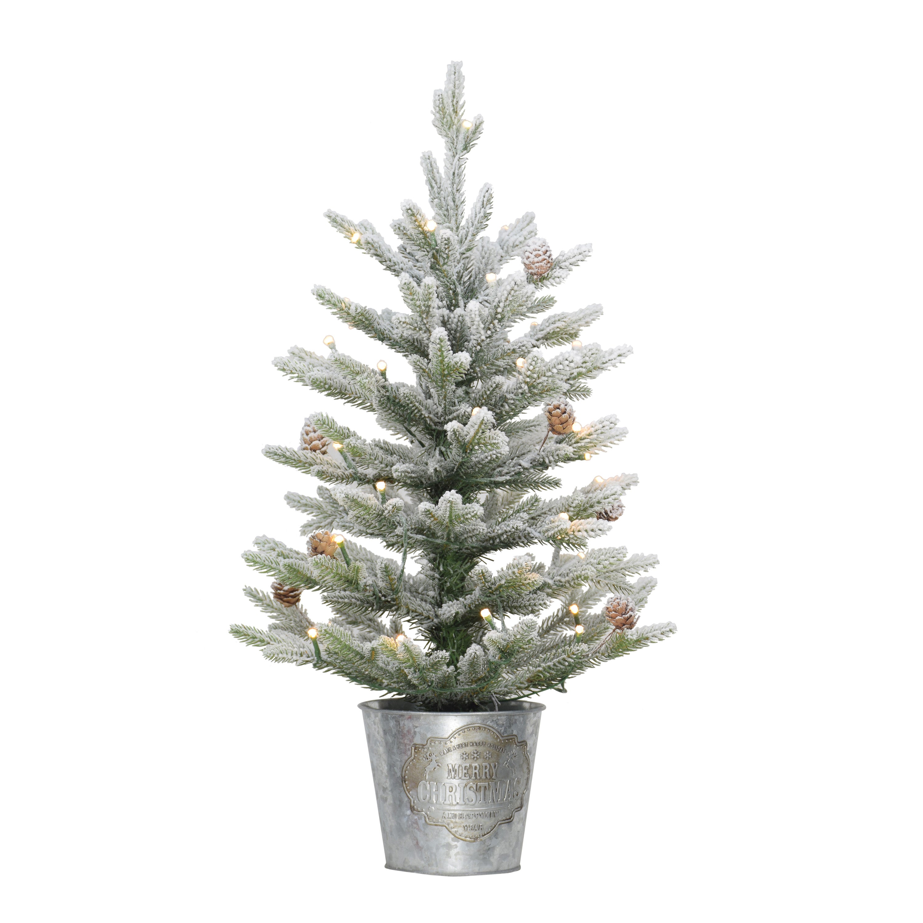 2 ft Pre-Lit Flocked Table Top Artificial Christmas Tree with 35 Lights in Metal Pot Green 1832-STF20LW035A-BO